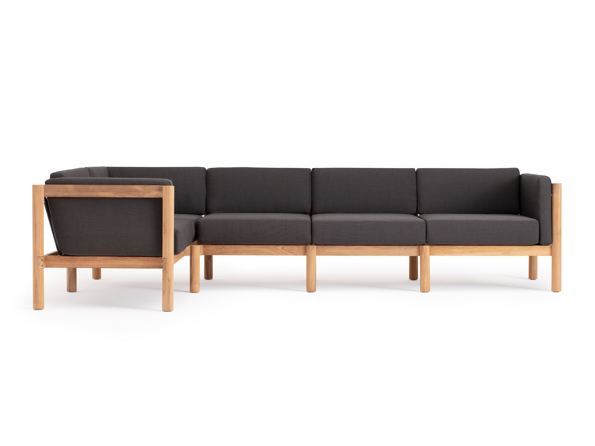 Front view of 5-piece outdoor sofa with black arm cushions